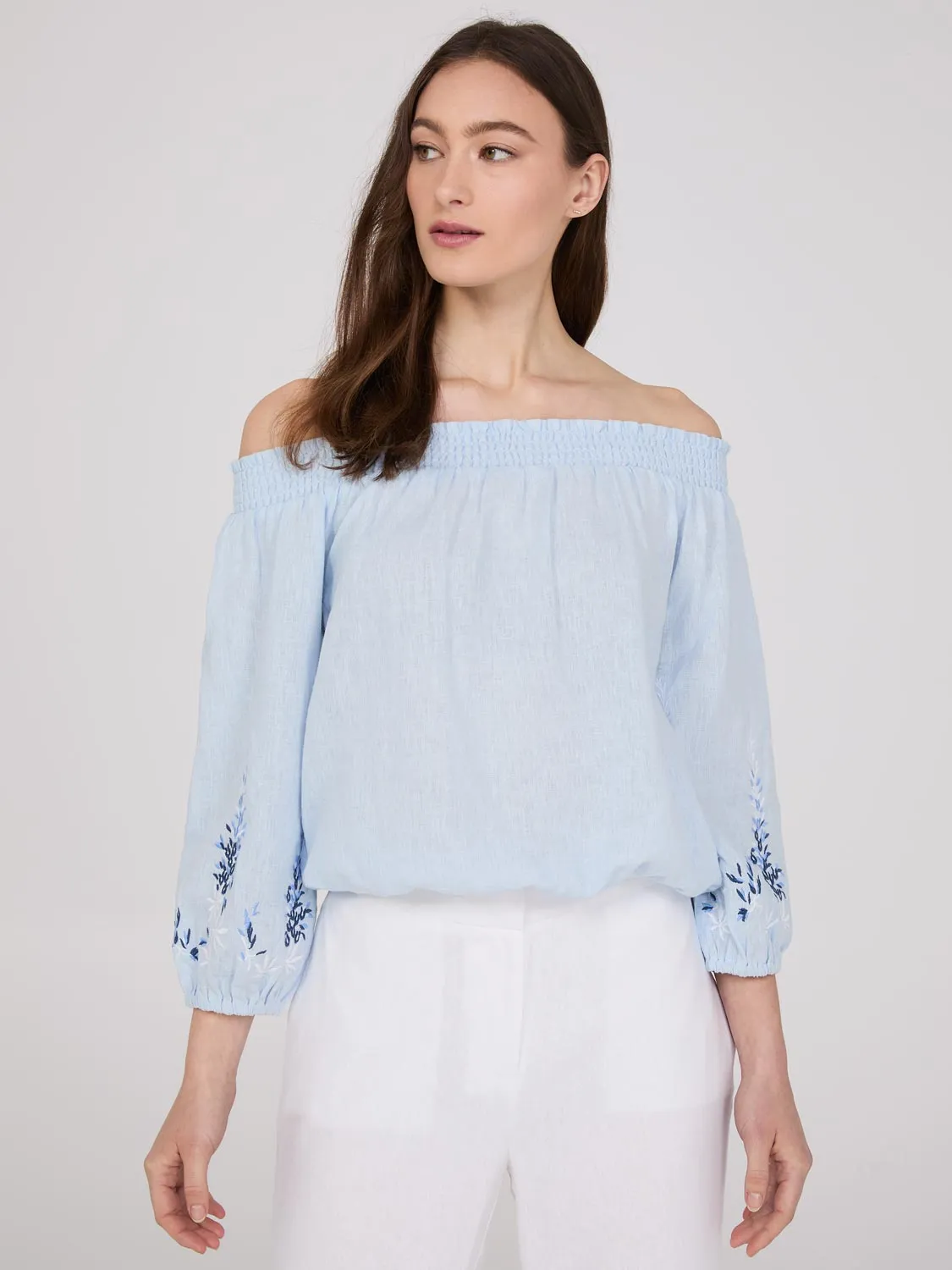 Embroidered Linen Off-The-Shoulder Top