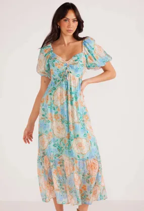 Evelyn Puff Sleeve Midi Dress-Mint/Floral