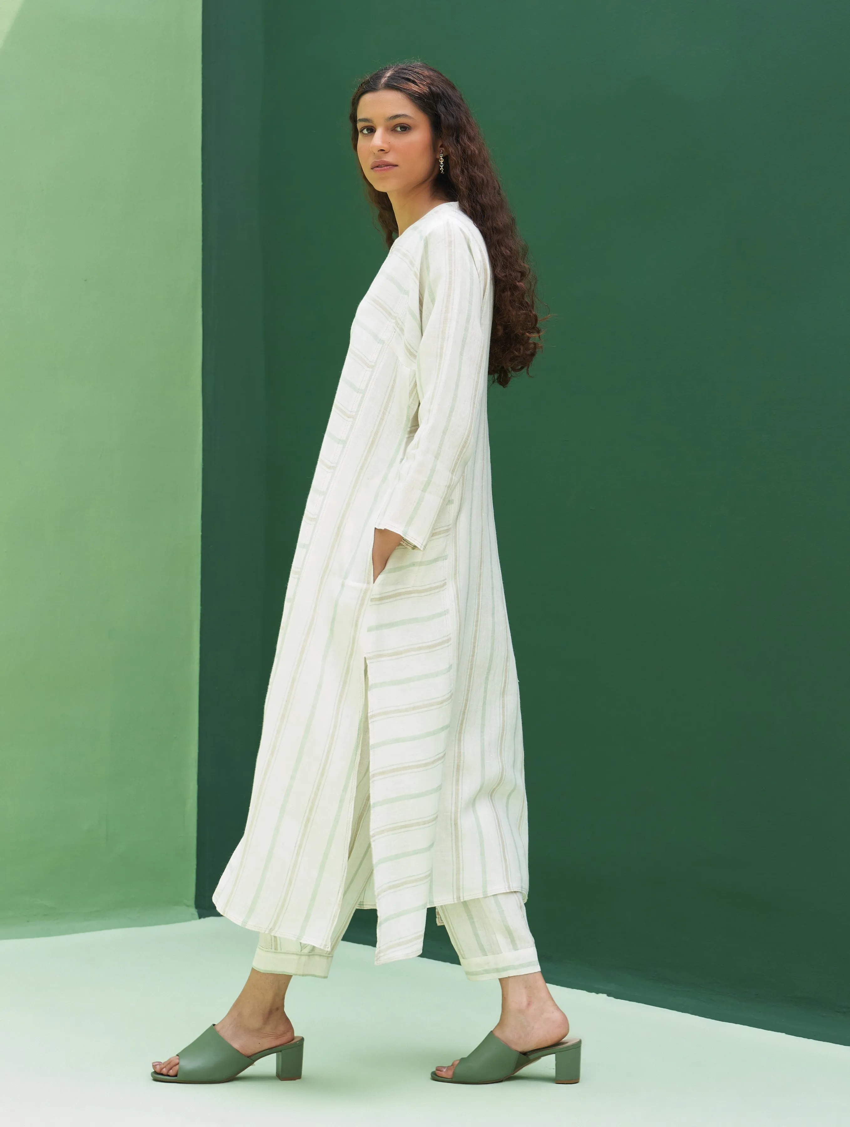 Ezra Striped Linen Kurta - Mint