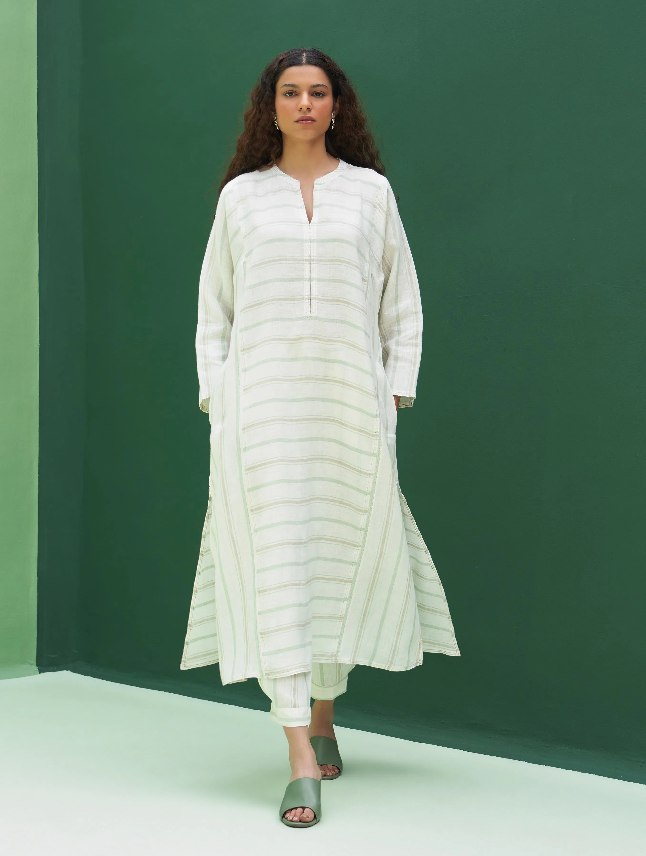 Ezra Striped Linen Kurta - Mint