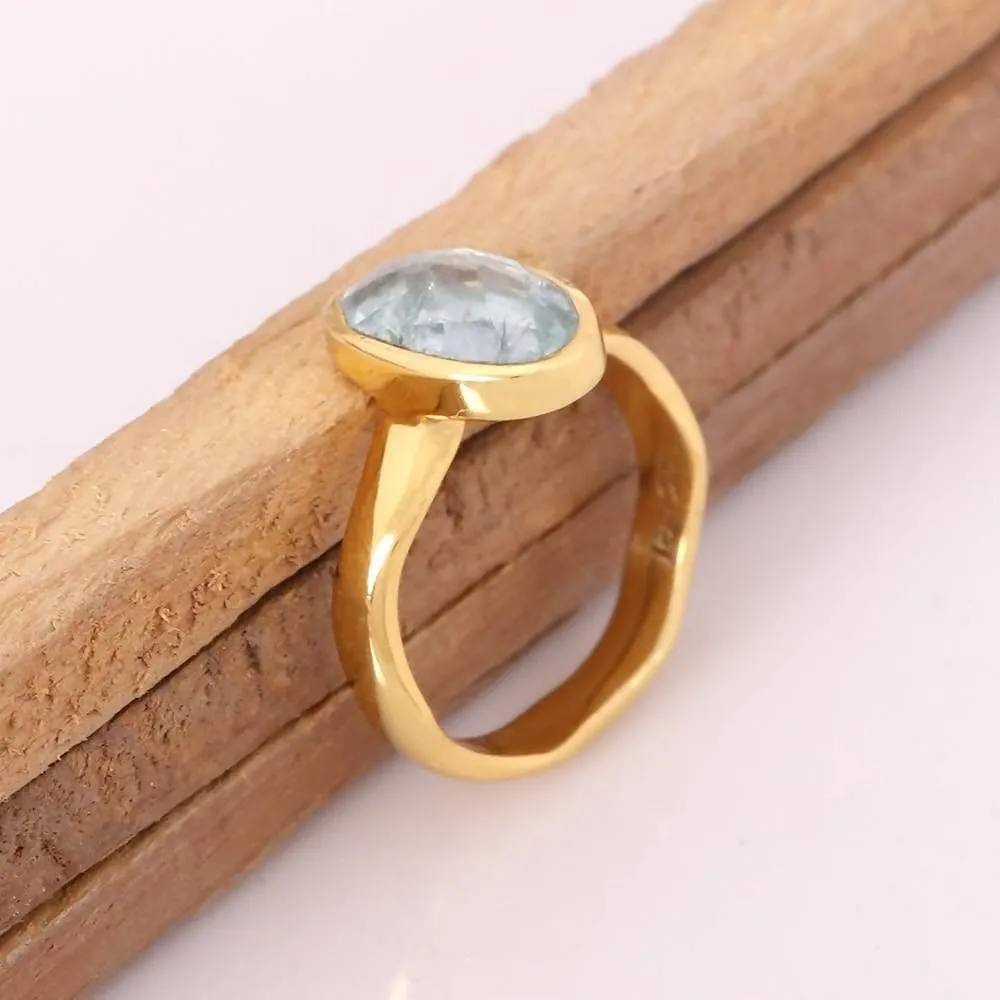 Faceted Real Aquamarine Gemstone Gold Vermeil 925 Sterling Silver Ring