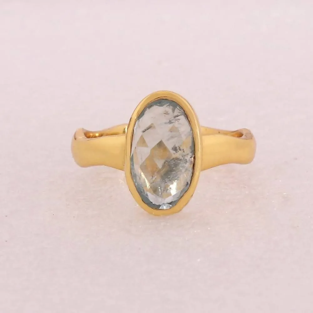 Faceted Real Aquamarine Gemstone Gold Vermeil 925 Sterling Silver Ring