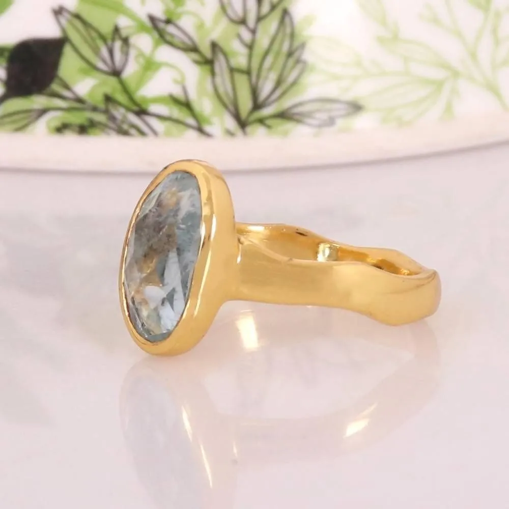 Faceted Real Aquamarine Gemstone Gold Vermeil 925 Sterling Silver Ring