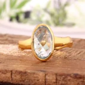 Faceted Real Aquamarine Gemstone Gold Vermeil 925 Sterling Silver Ring