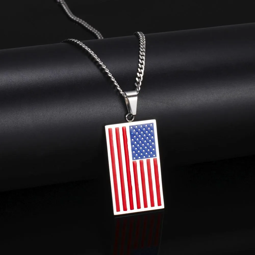 Flat Metallic USA Flag Pendant with Chain Necklace