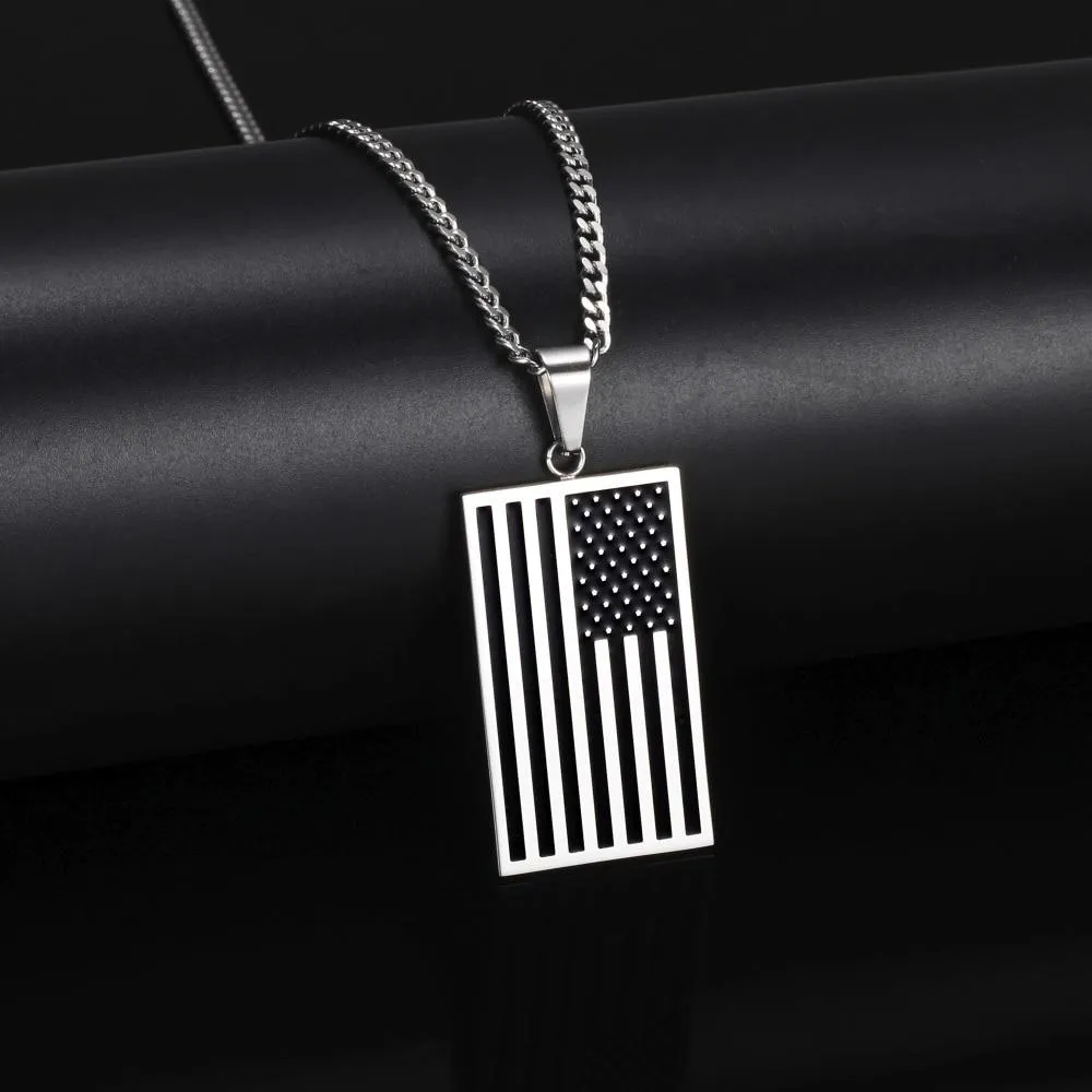 Flat Metallic USA Flag Pendant with Chain Necklace