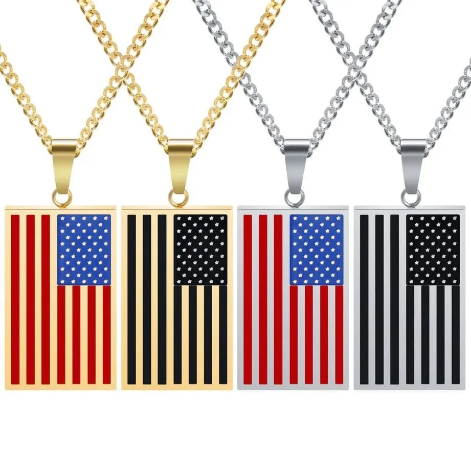 Flat Metallic USA Flag Pendant with Chain Necklace