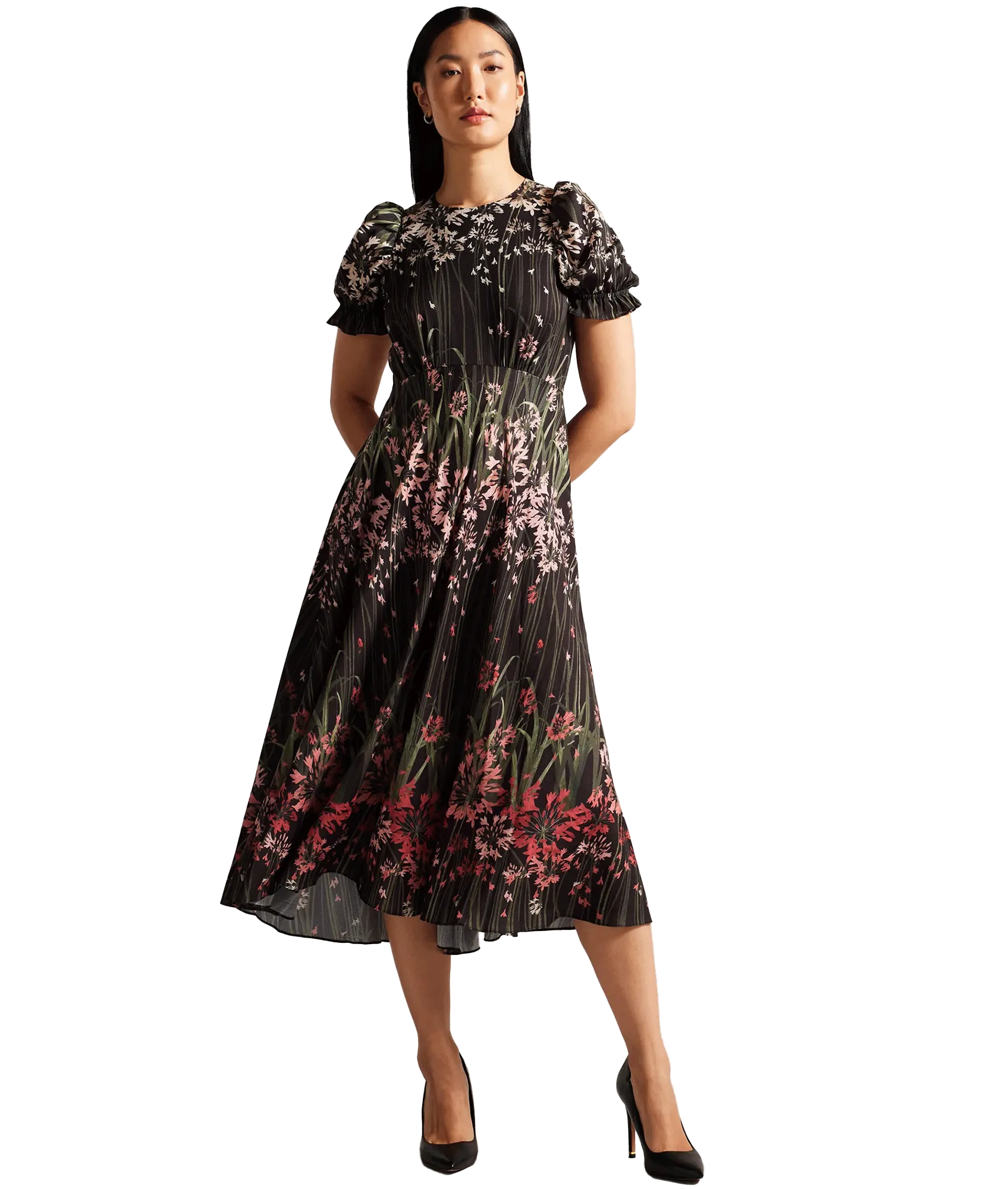 Floral Midi Dress With Puff Sleeves - Black