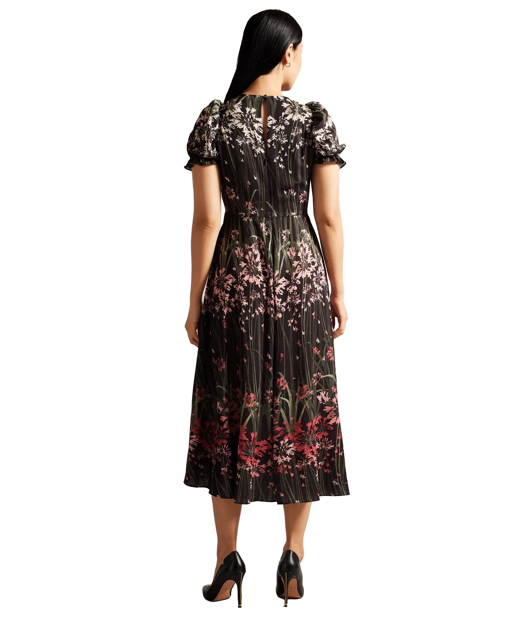 Floral Midi Dress With Puff Sleeves - Black