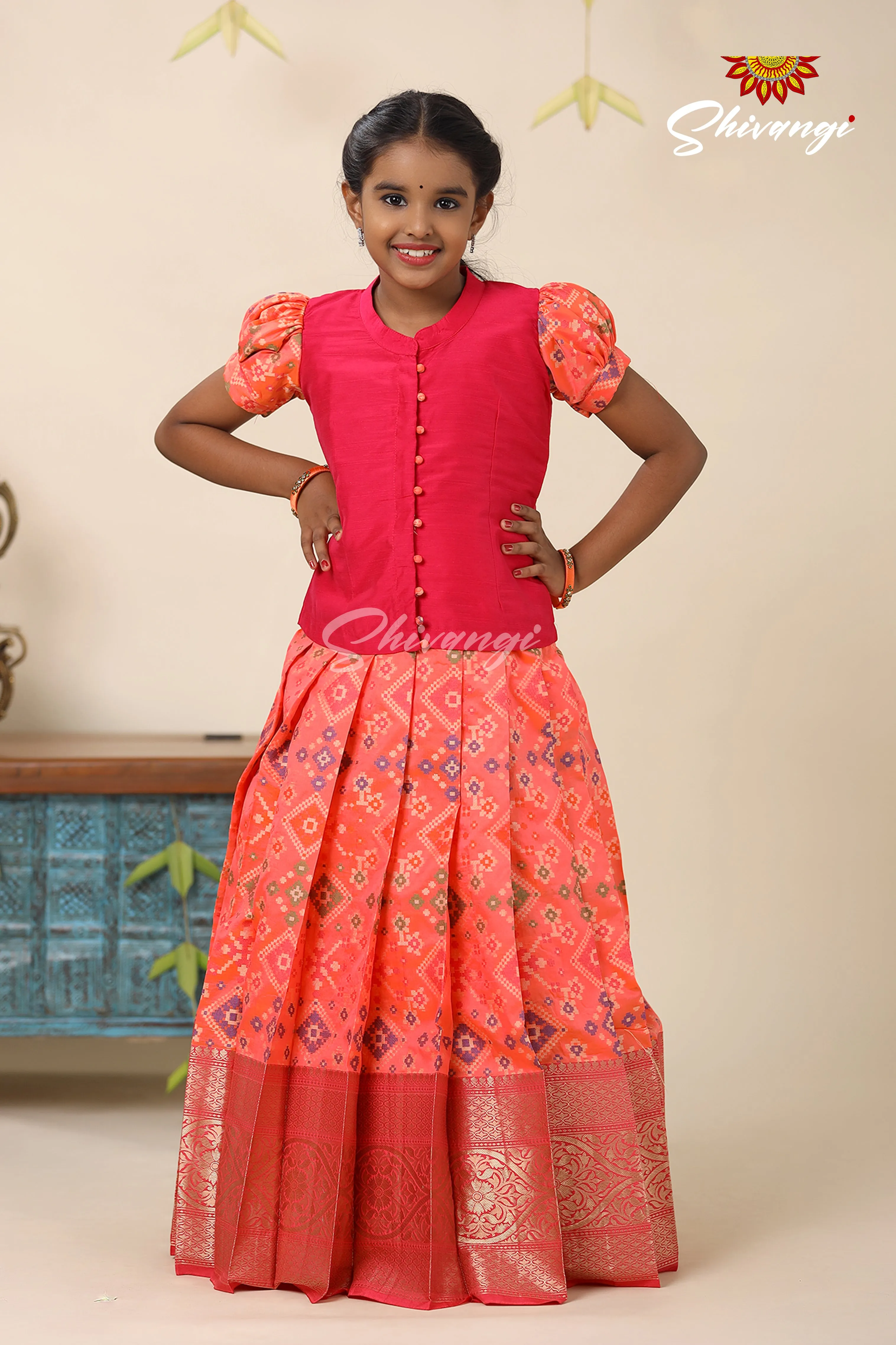 Floral Patola Orange Pattu Pavadai For Girls - Festive Wear!!!