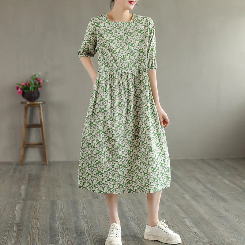 Floral Summer Comfortable Cotton Square Collar Thin Dress