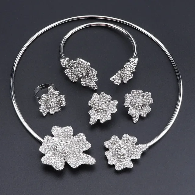 Flower Crystal Necklace, Bracelet, Earrings & Ring Wedding Statement Jewelry Set