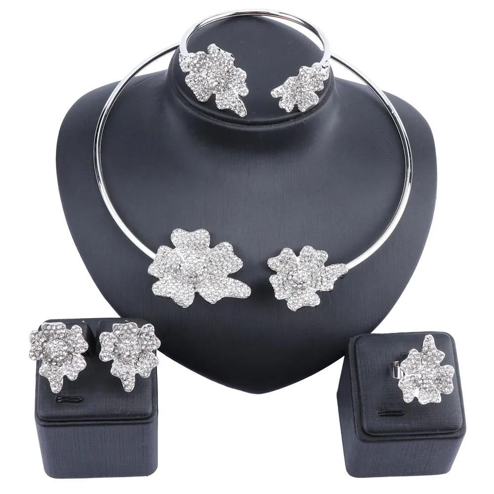 Flower Crystal Necklace, Bracelet, Earrings & Ring Wedding Statement Jewelry Set