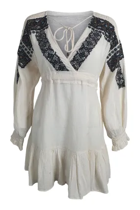 FREE PEOPLE Boho Cotton Blend Ivory Beaded Mini Dress (L)