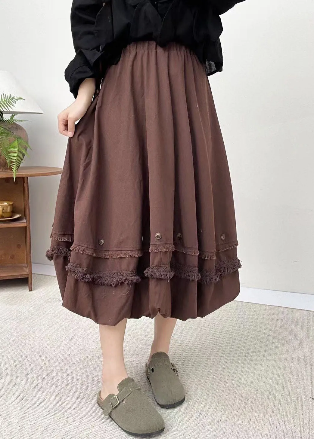 French Coffee Patchwork Elastic Waist Skirts Summer BV051