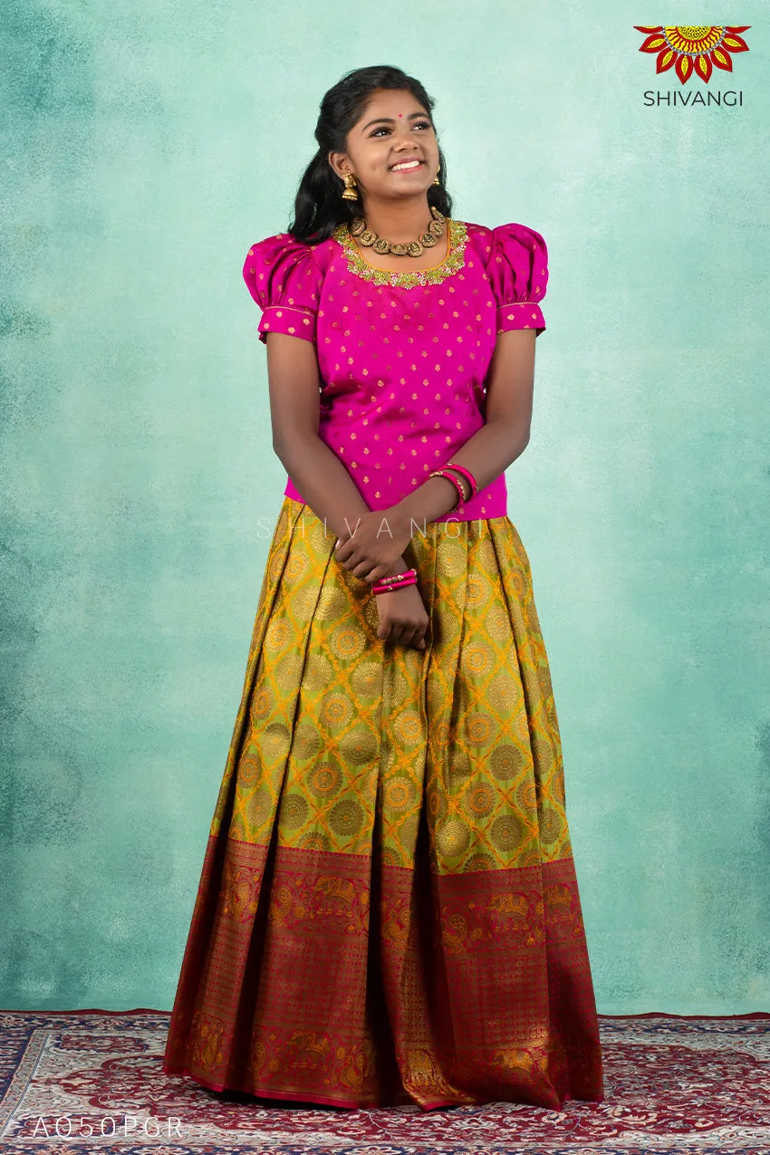 Girls Green Satin Rangoli Pattu Pavadai