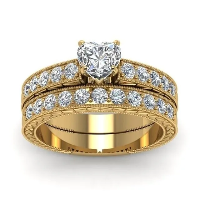 Gold Inlay and White Cubic Zirconia Stainless Steel Wedding Ring Set