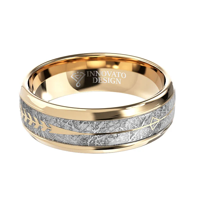 Gold Tungsten Carbide in Meteorite Inlay with Golden Arrow Wedding Band