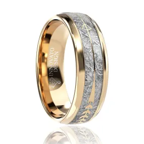 Gold Tungsten Carbide in Meteorite Inlay with Golden Arrow Wedding Band