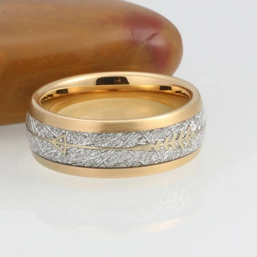 Gold Tungsten Carbide in Meteorite Inlay with Golden Arrow Wedding Band