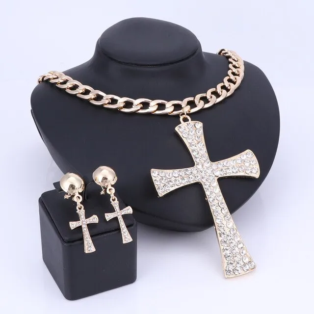 Gold/Silver-Plated Crystal Ethiopian Cross Necklace & Earrings Wedding Statement Jewelry Set