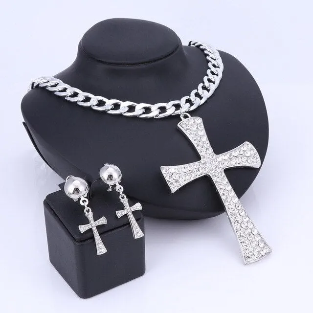 Gold/Silver-Plated Crystal Ethiopian Cross Necklace & Earrings Wedding Statement Jewelry Set