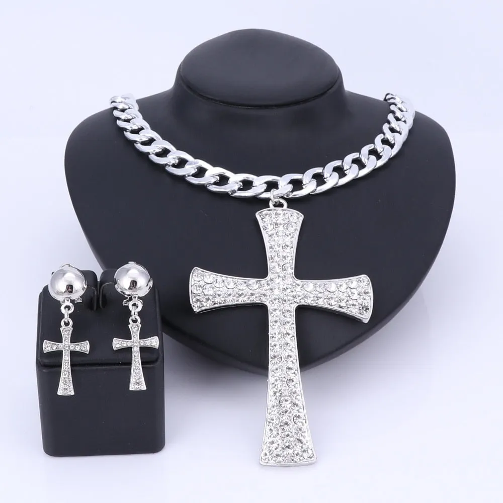 Gold/Silver-Plated Crystal Ethiopian Cross Necklace & Earrings Wedding Statement Jewelry Set