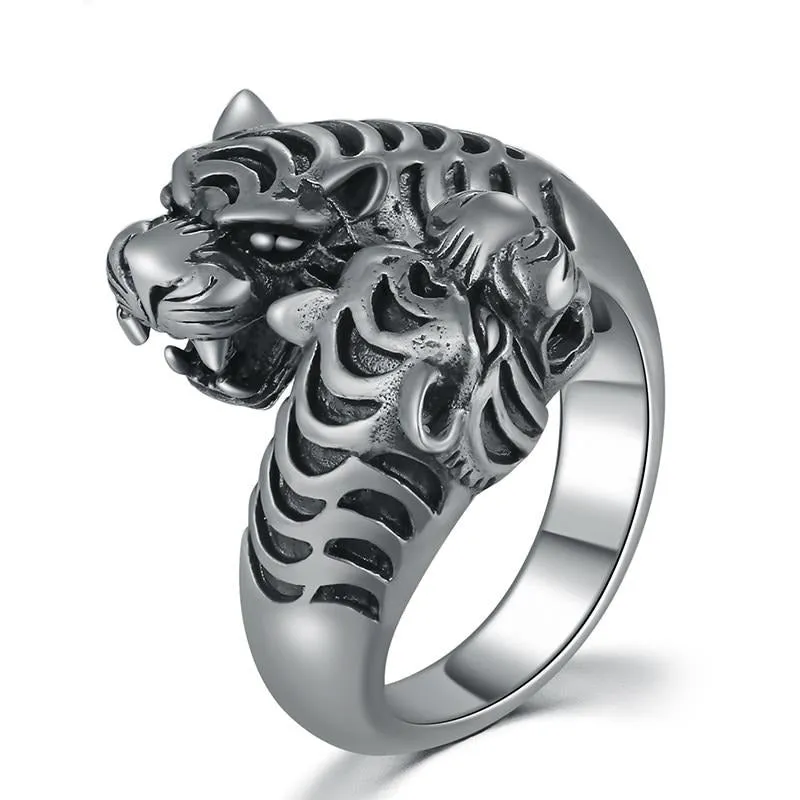 Gothic Two Black Tiger Heads 925 Sterling Silver Vintage Ring