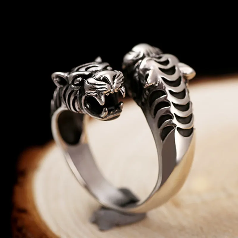 Gothic Two Black Tiger Heads 925 Sterling Silver Vintage Ring