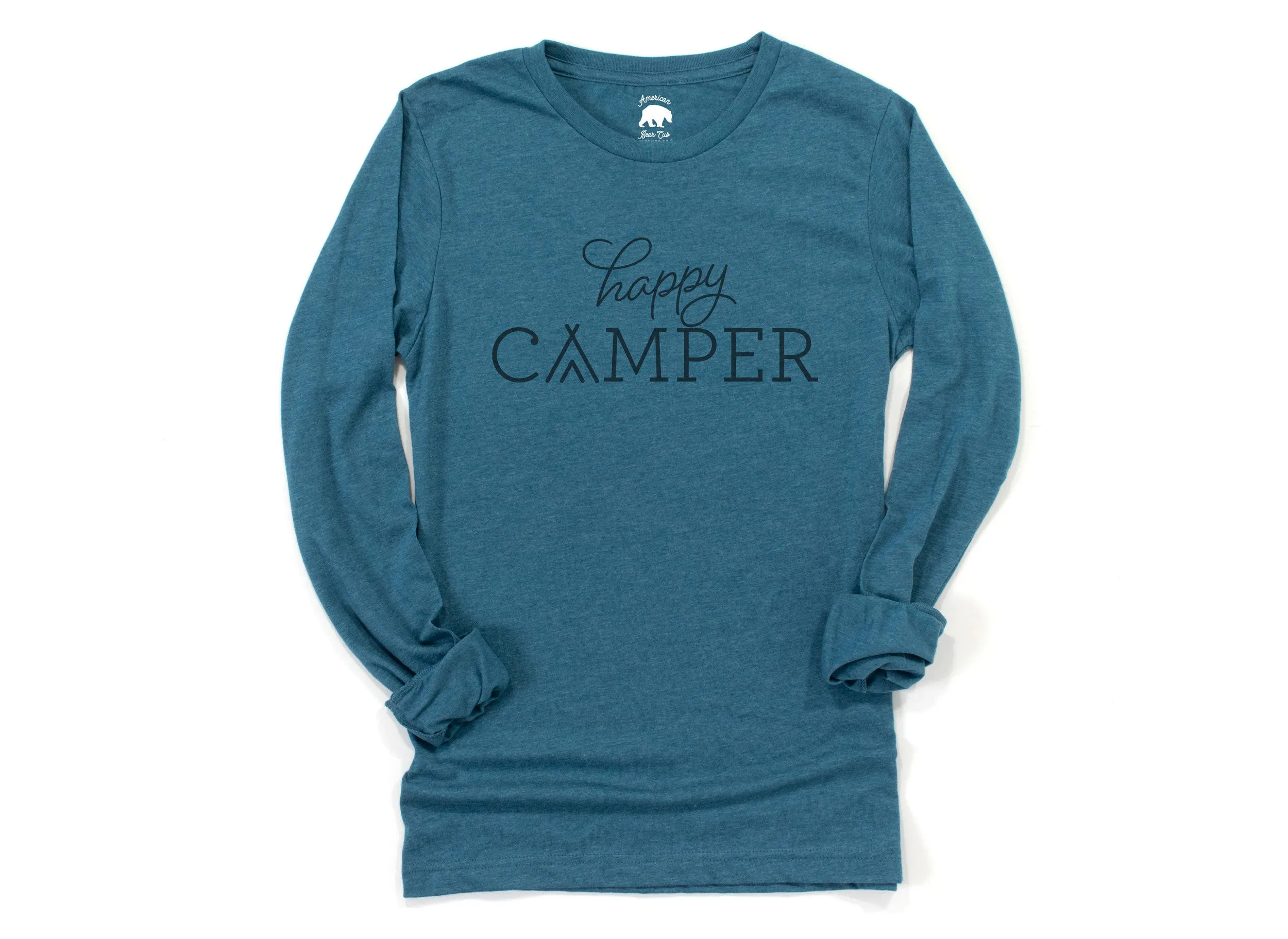 Happy Camper Script Adult Long Sleeve Shirts - light or dark artwork