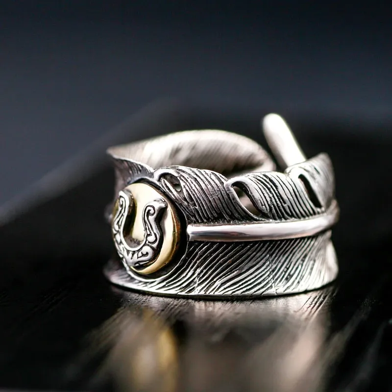 Horseshoe on Feather 925 Sterling Silver Adjustable Vintage Ring