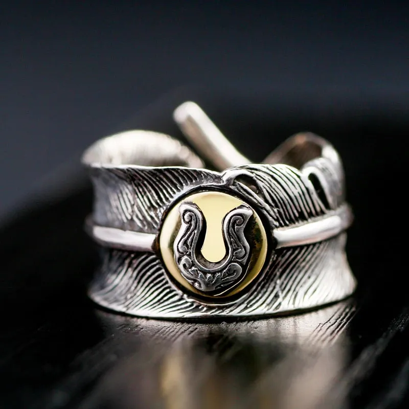 Horseshoe on Feather 925 Sterling Silver Adjustable Vintage Ring