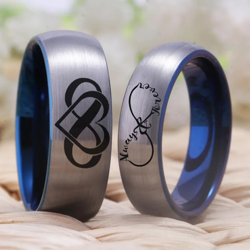 Infinity Heart Silver and Blue Tungsten Wedding Rings