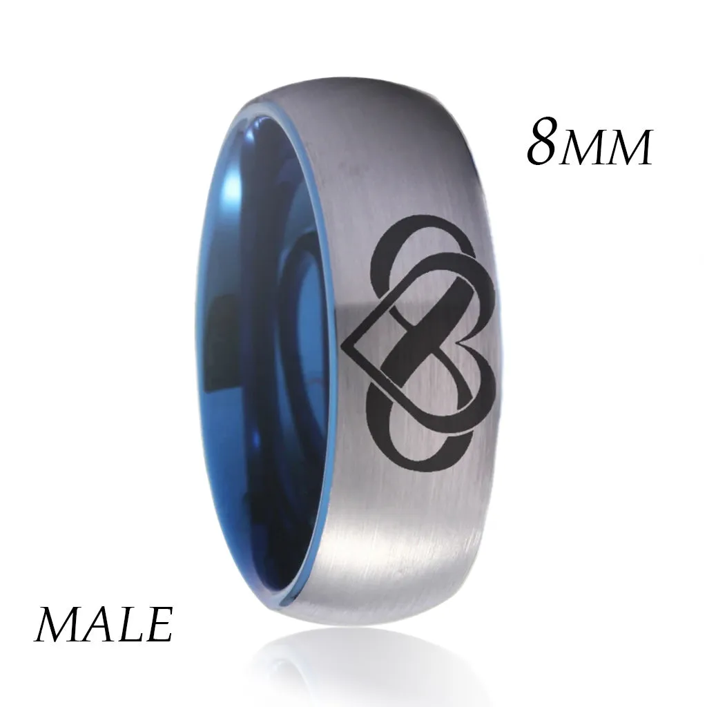 Infinity Heart Silver and Blue Tungsten Wedding Rings