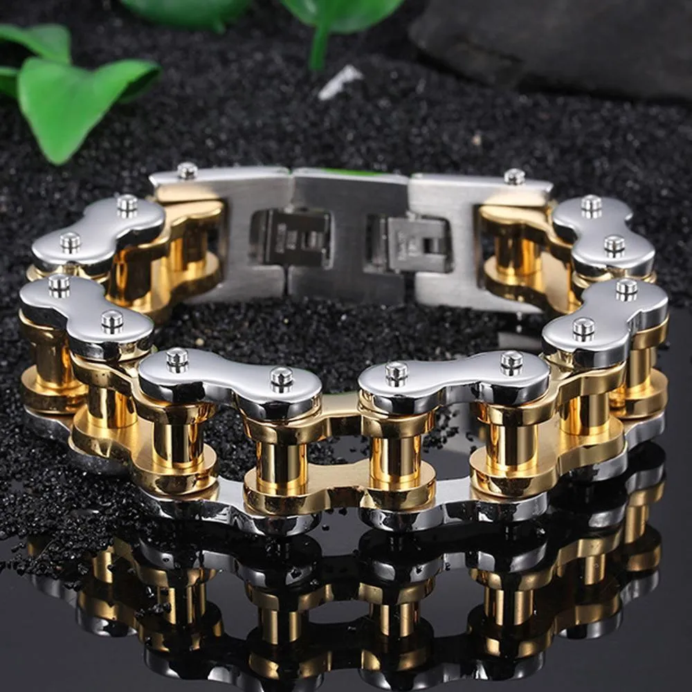 Innovato Silver & Gold Stainless Steel Motorcycle Bracelet