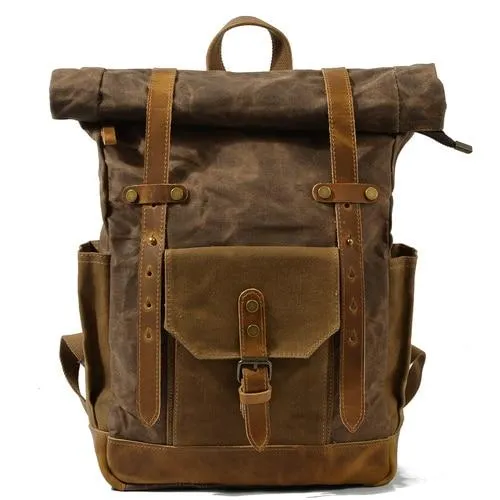 Large Capacity Vintage Canvas Waterproof Genuine Leather Backpack