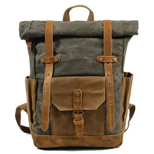 Large Capacity Vintage Canvas Waterproof Genuine Leather Backpack