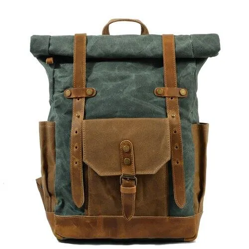 Large Capacity Vintage Canvas Waterproof Genuine Leather Backpack