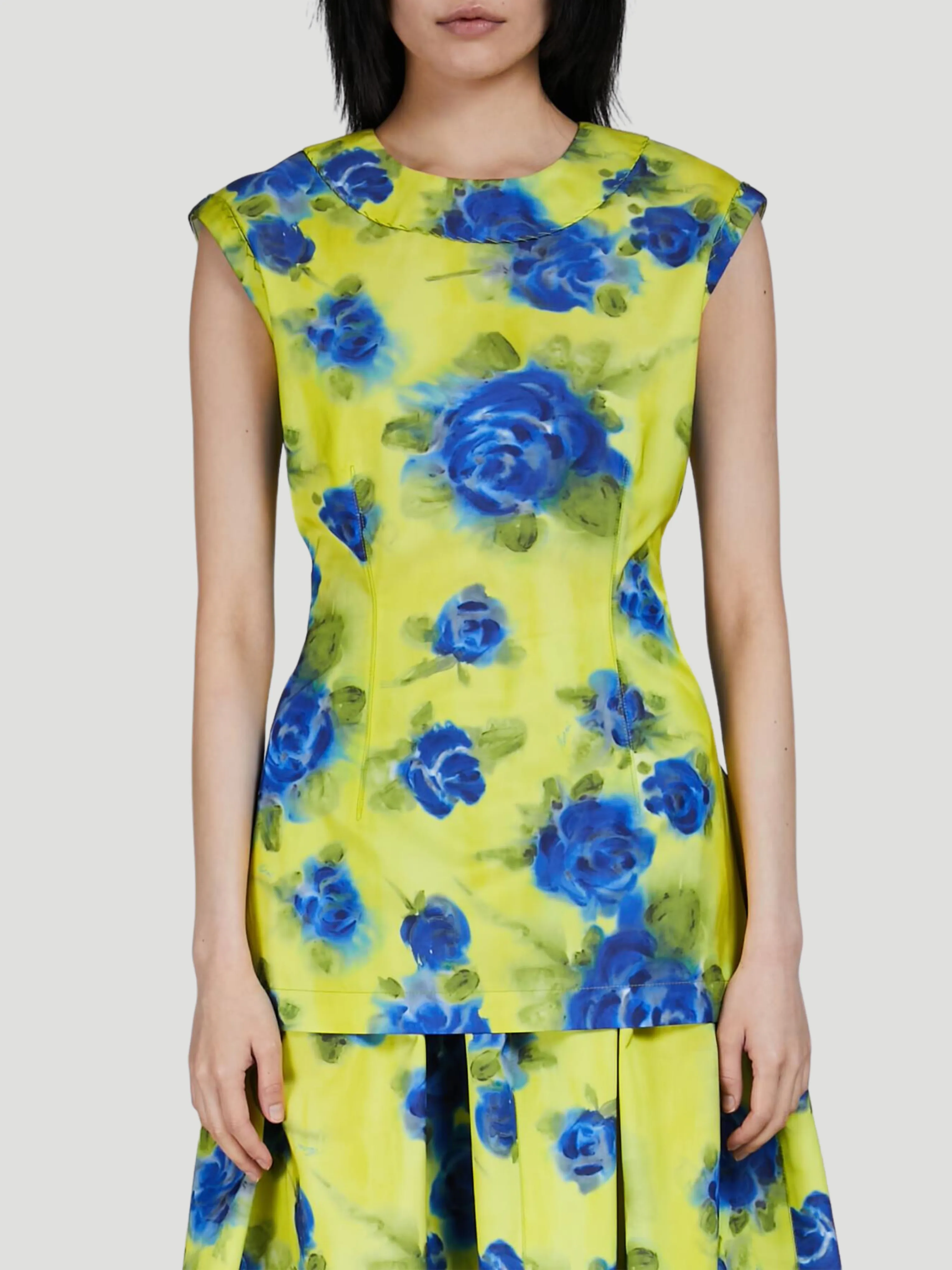 Lemon Flower Print Sleeveless Crew Neck Top