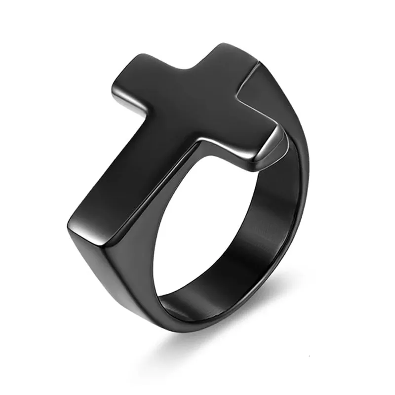 Men 5mm Stainless Steel Cross Ring Christian Wedding Black Band Polished