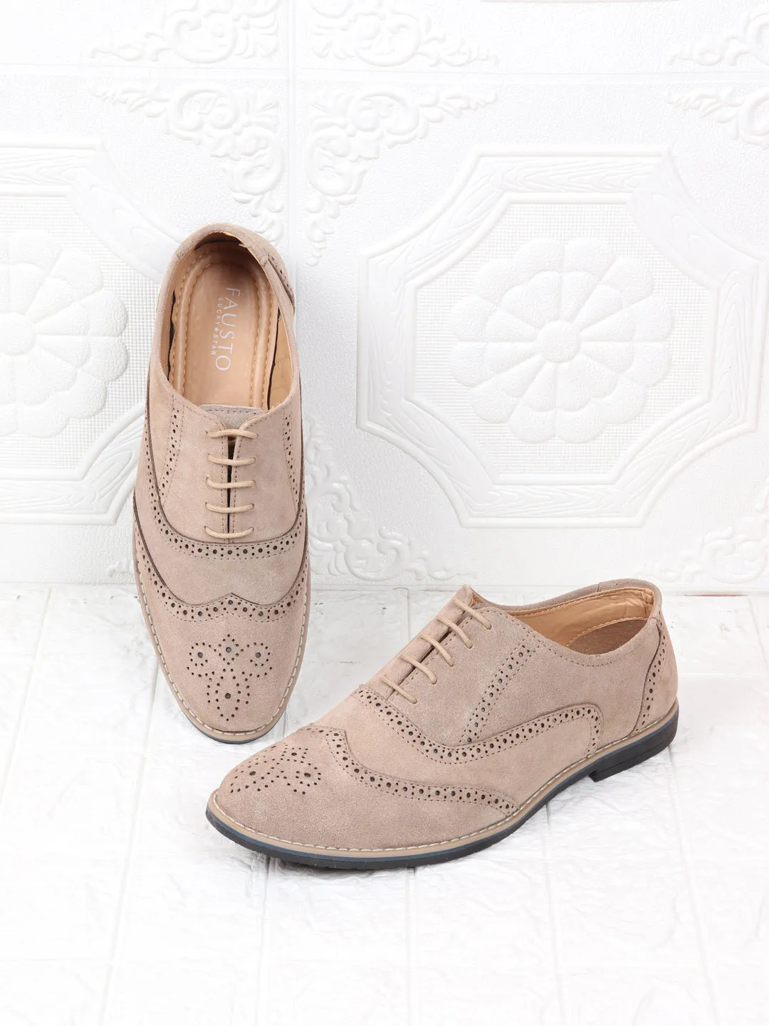 Men Camel Suede Leather Brogue Shoes with TPR Welted Sole