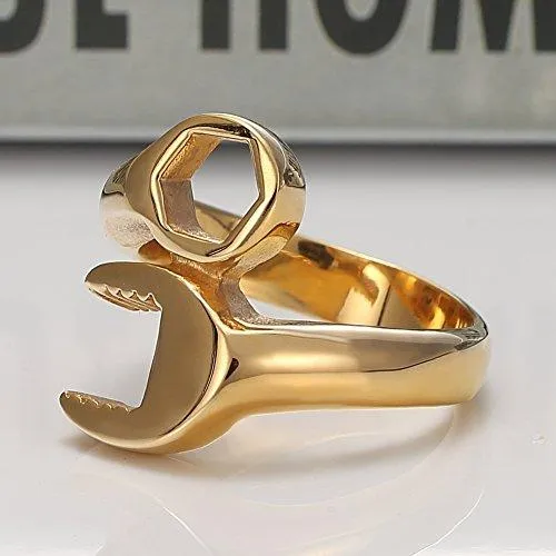 Men Gold Plated Stainless Steel Biker Mechanic Wrench Tool Ring