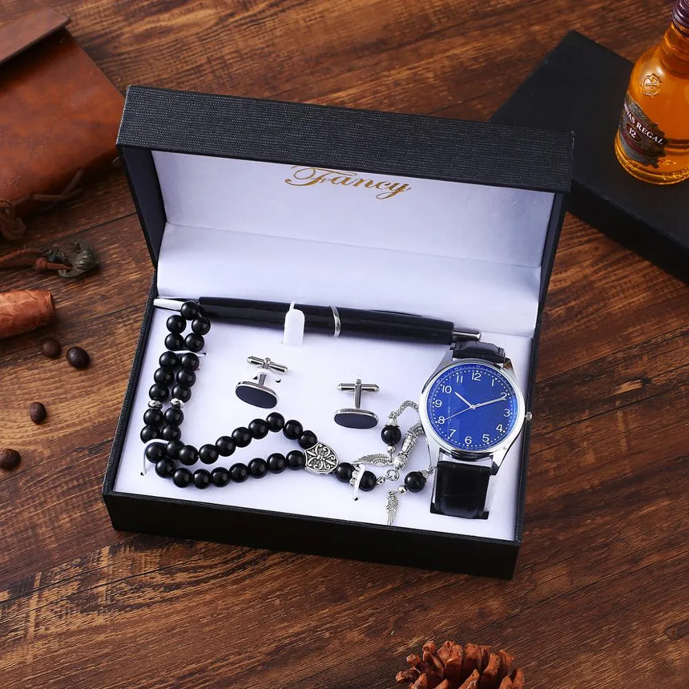 Men Large Dial Quartz Watch, Rosary, Cufflinks, and Ballpoint Pen Gift Set