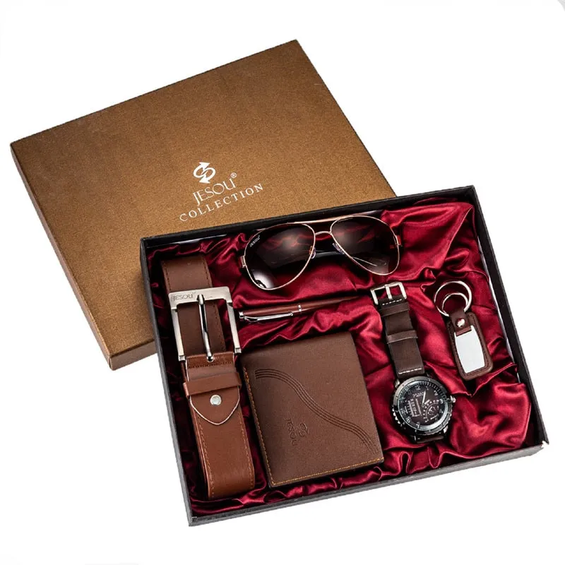 Men Quartz Watch, Sunglasses, Belt, Wallet, Ballpoint Pen, and Keychain Gift Set