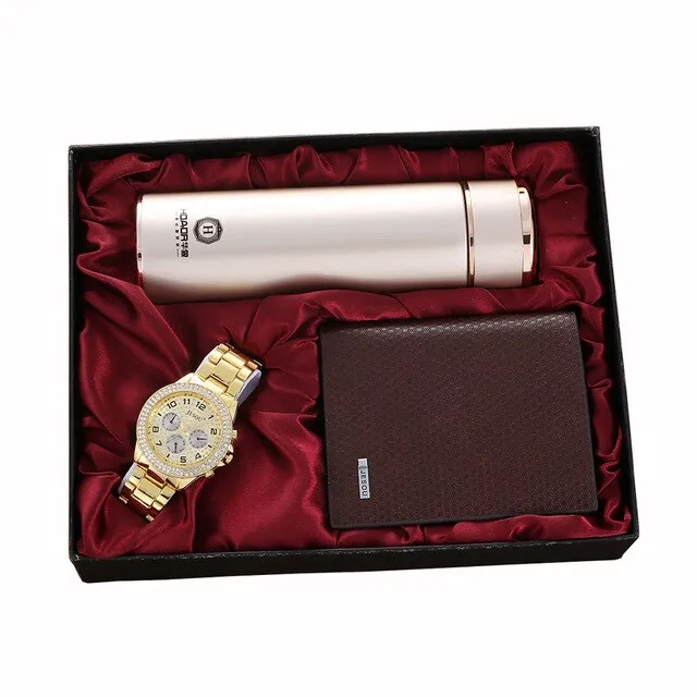 Men Quartz Watch, Wallet, and Thermos Gift Box Set