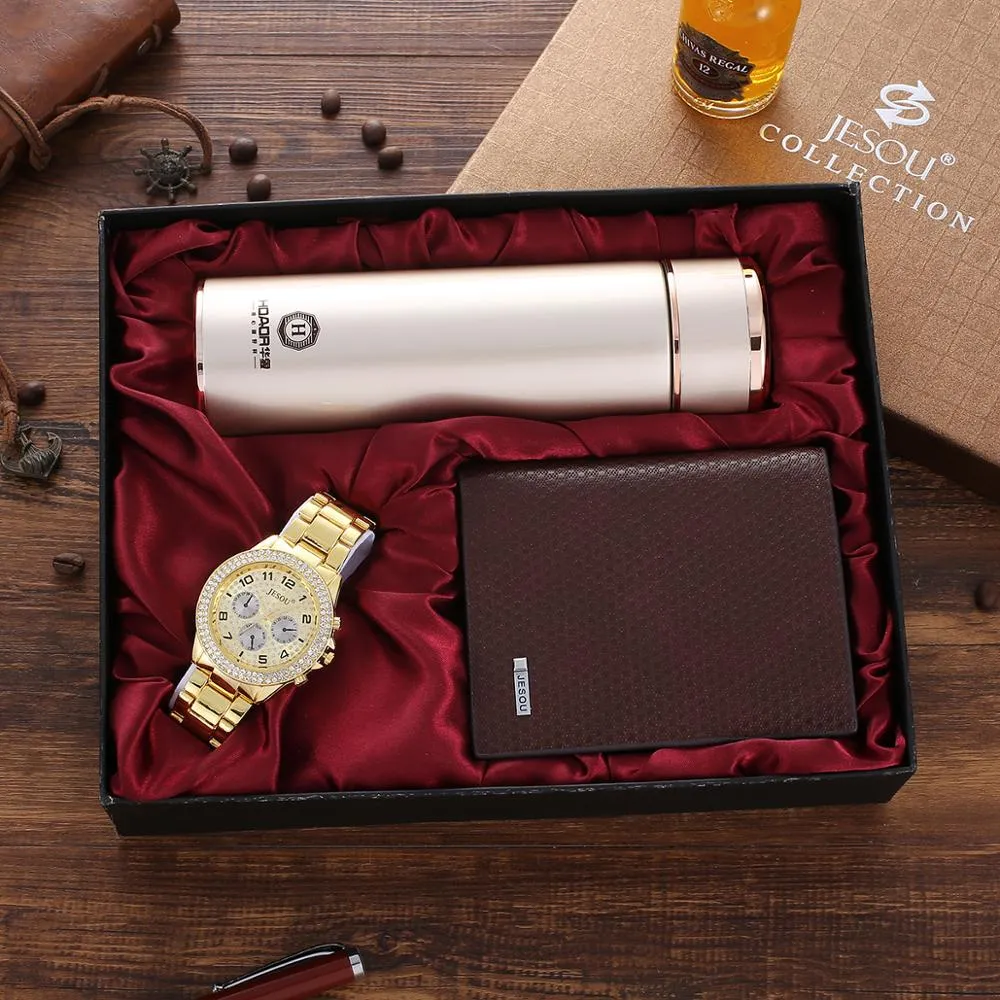 Men Quartz Watch, Wallet, and Thermos Gift Box Set