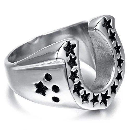 Men Stainless Steel Ring Vintage Biker Silver Black Horseshoe