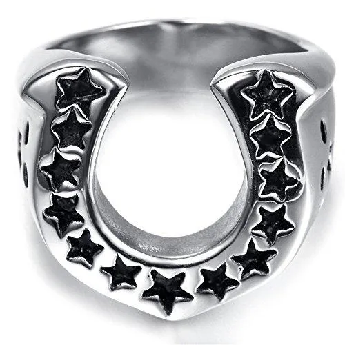 Men Stainless Steel Ring Vintage Biker Silver Black Horseshoe