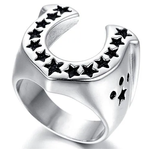 Men Stainless Steel Ring Vintage Biker Silver Black Horseshoe