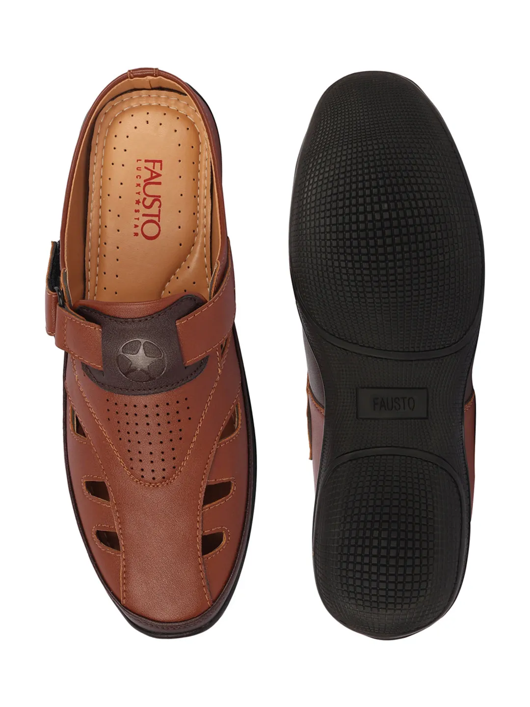 Men Tan Back Open Laser Cut Design Slip On Sandal with Ankle Strap